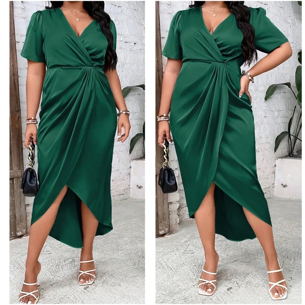 Luxe Satin Surplice Short Sleeve Evening Party Dress - Picture 3 of 9